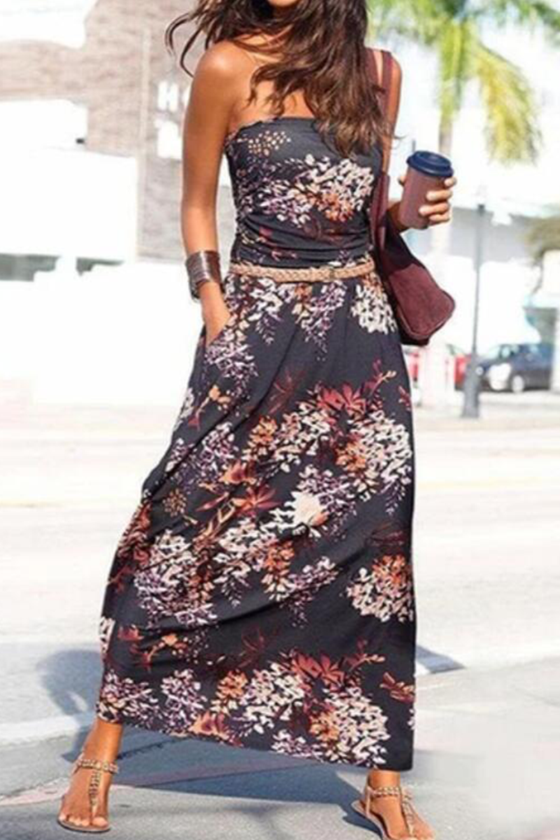 Print Strapless Waist Skirt Dresses(3 Colors)