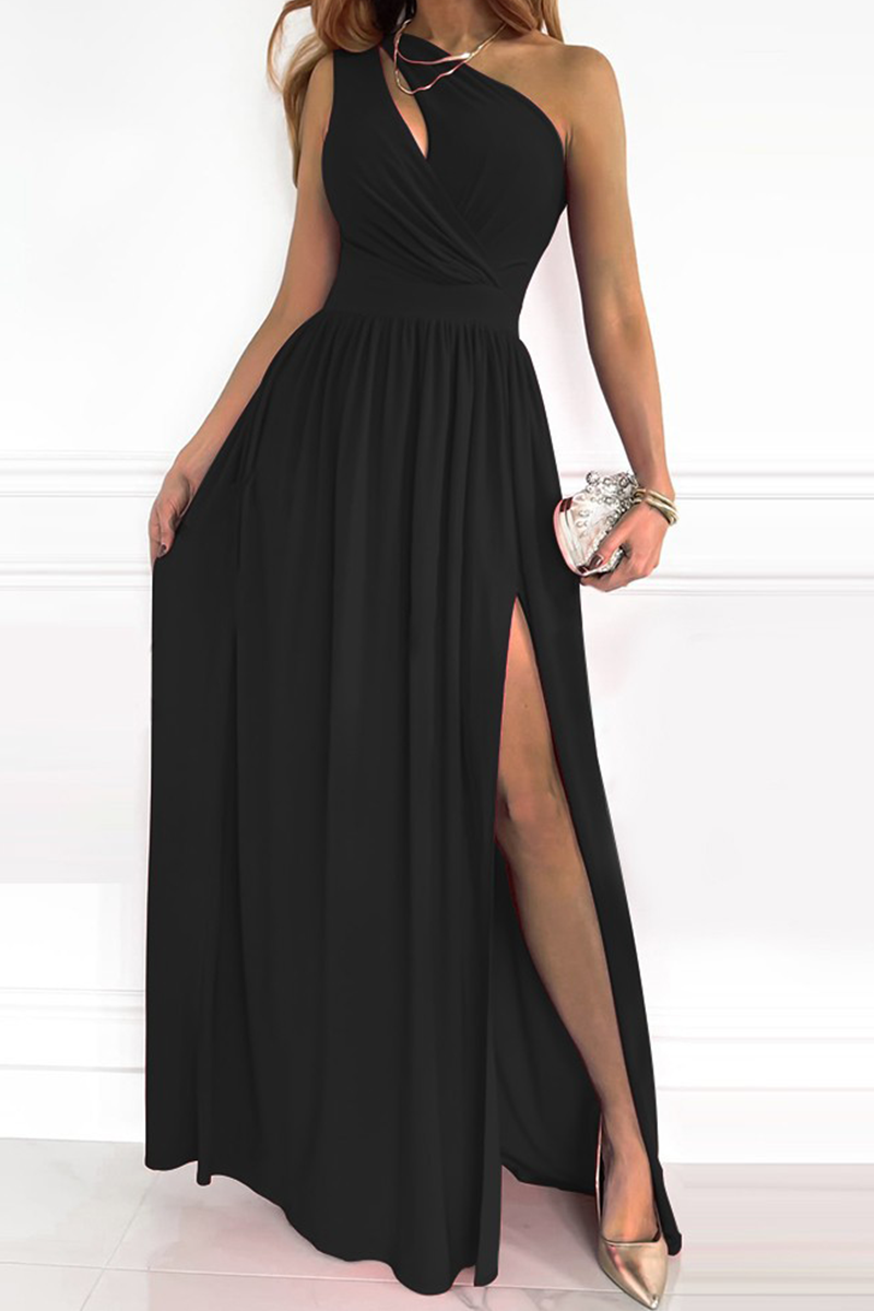 Patchwork Slit One Shoulder Waist Skirt Dresses(10 Colors)