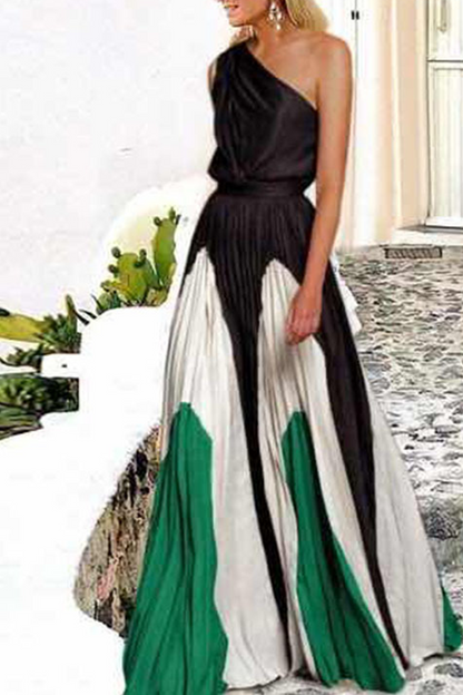 Print Patchwork One Shoulder Cake Skirt Dresses(6 Colors)