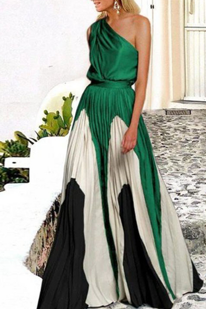Print Patchwork One Shoulder Cake Skirt Dresses(6 Colors)