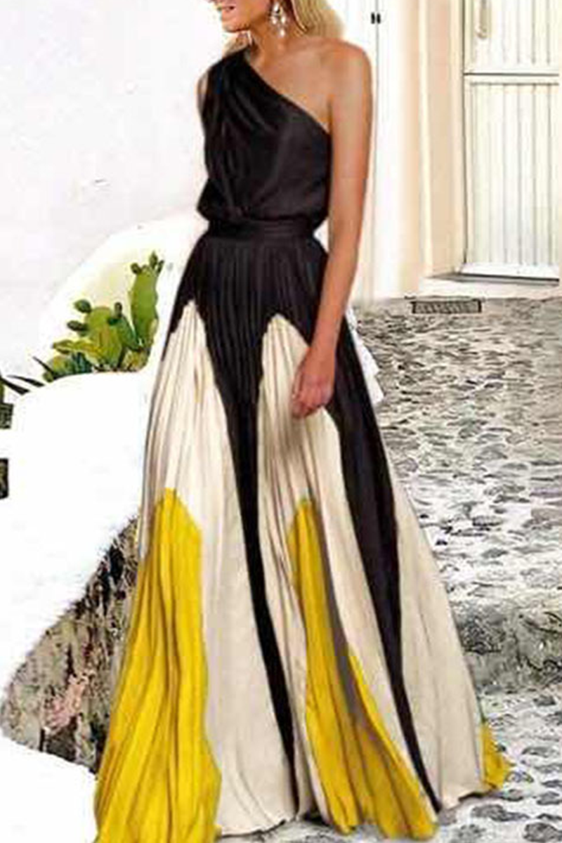 Print Patchwork One Shoulder Cake Skirt Dresses(6 Colors)