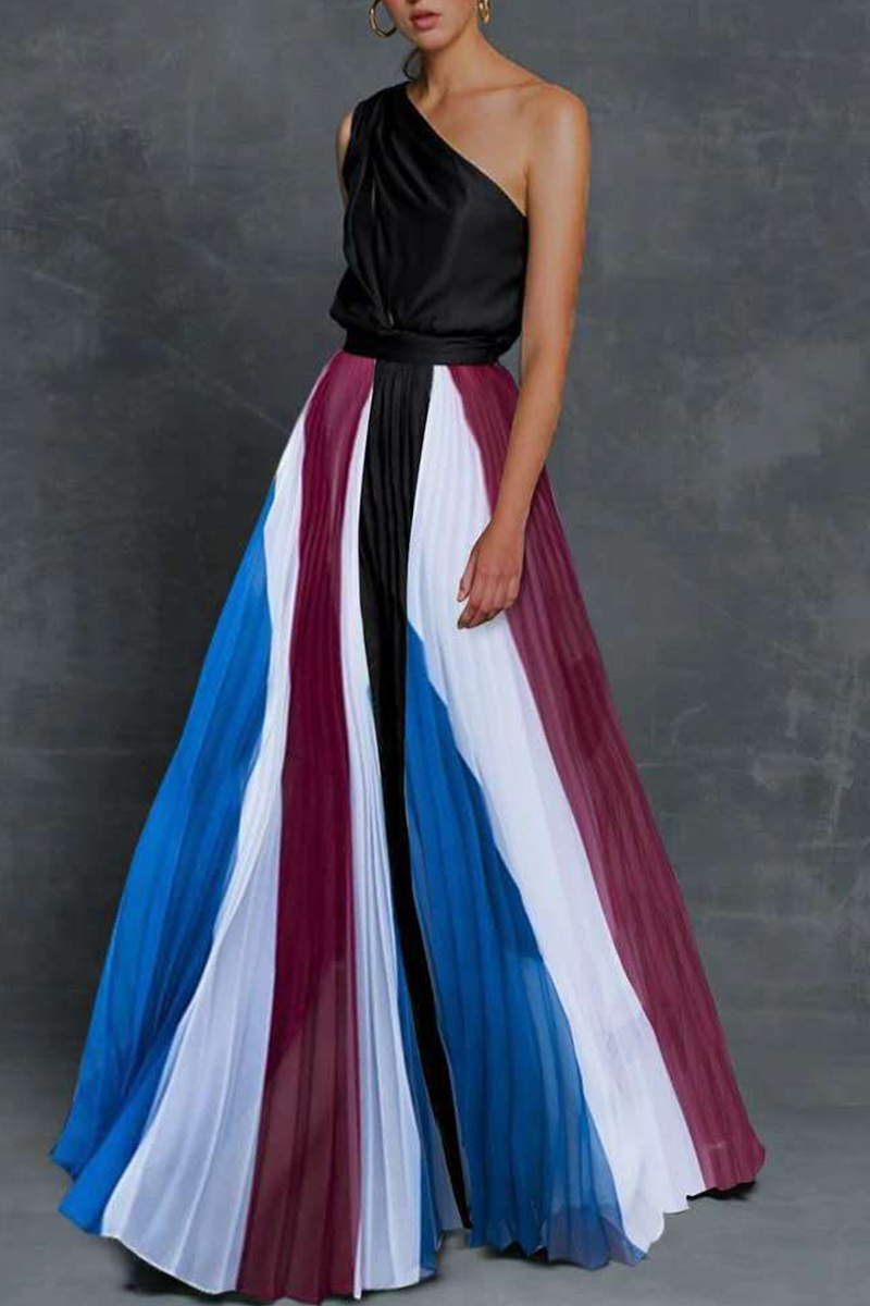 Print Patchwork One Shoulder Cake Skirt Dresses(6 Colors)