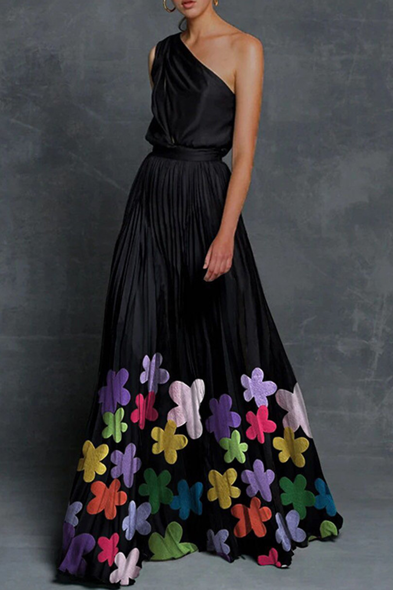 Print Patchwork One Shoulder Cake Skirt Dresses(6 Colors)