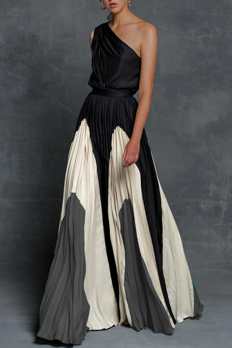 Print Patchwork One Shoulder Cake Skirt Dresses(6 Colors)