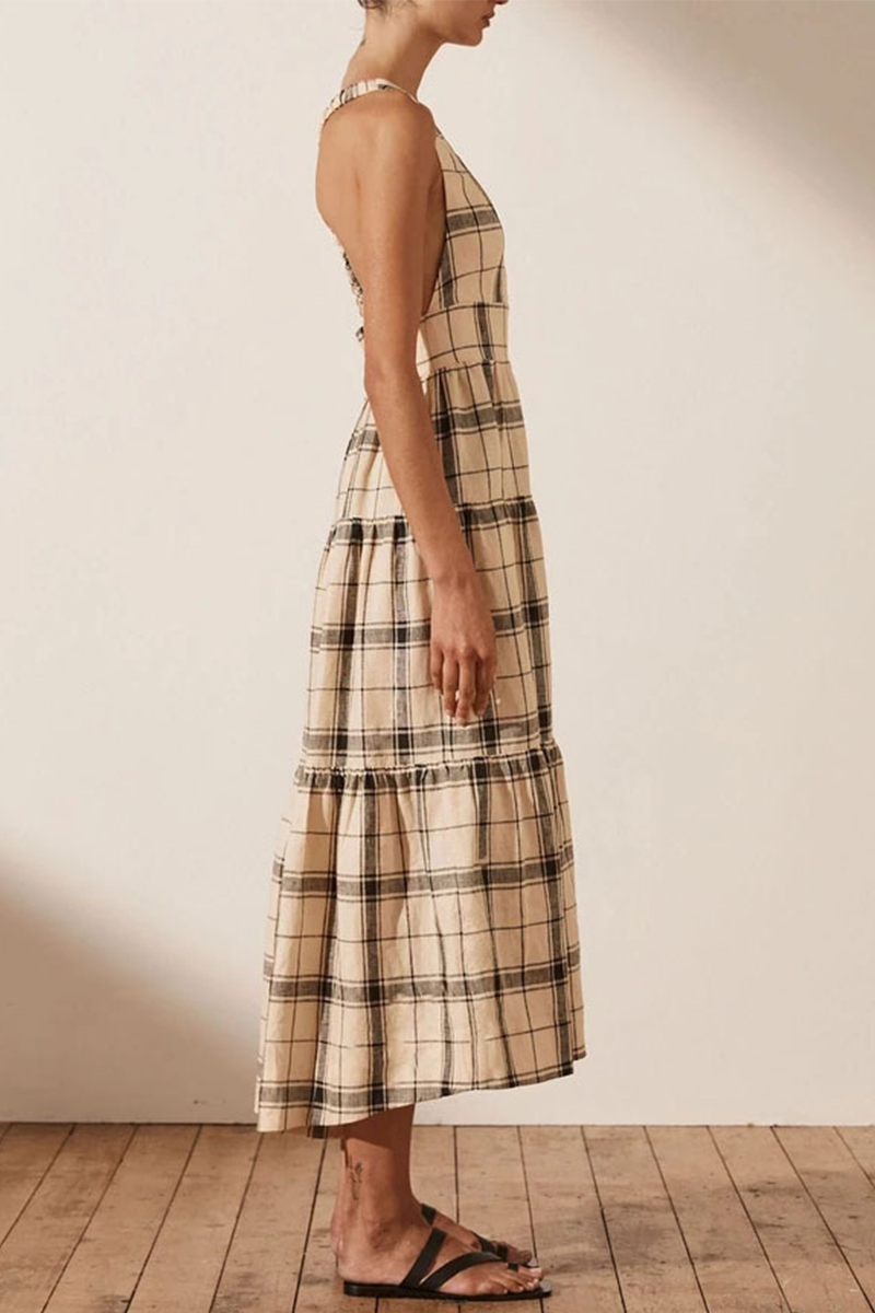 Plaid Patchwork V Neck Waist Skirt Dresses