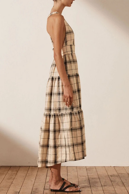 Plaid Patchwork V Neck Waist Skirt Dresses