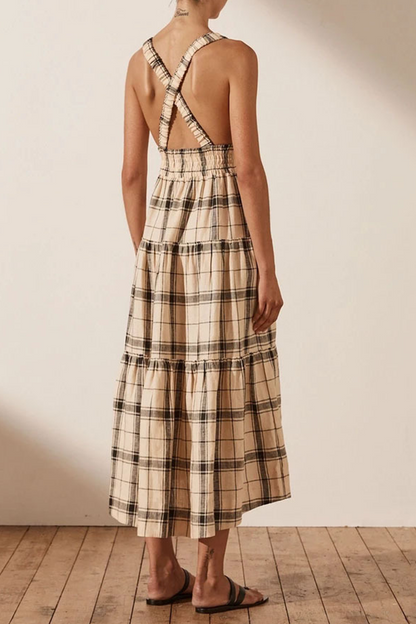 Plaid Patchwork V Neck Waist Skirt Dresses