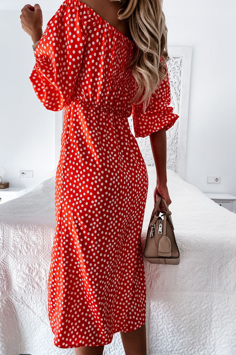 Print Split Joint Off the Shoulder Waist Skirt Dresses