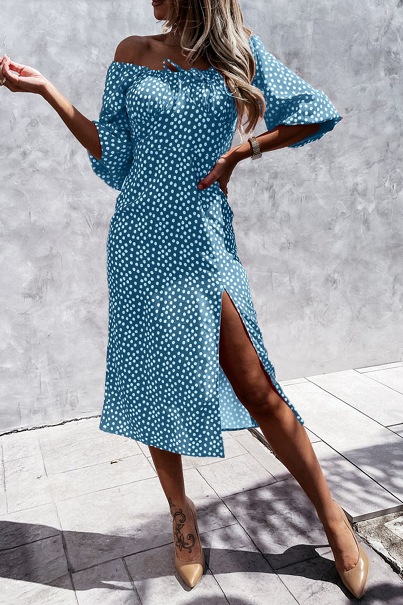 Print Split Joint Off the Shoulder Waist Skirt Dresses
