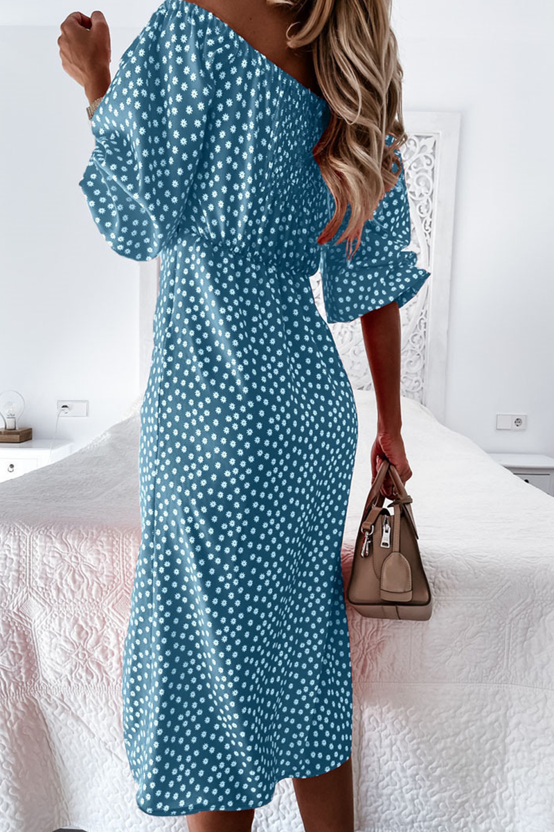 Print Split Joint Off the Shoulder Waist Skirt Dresses