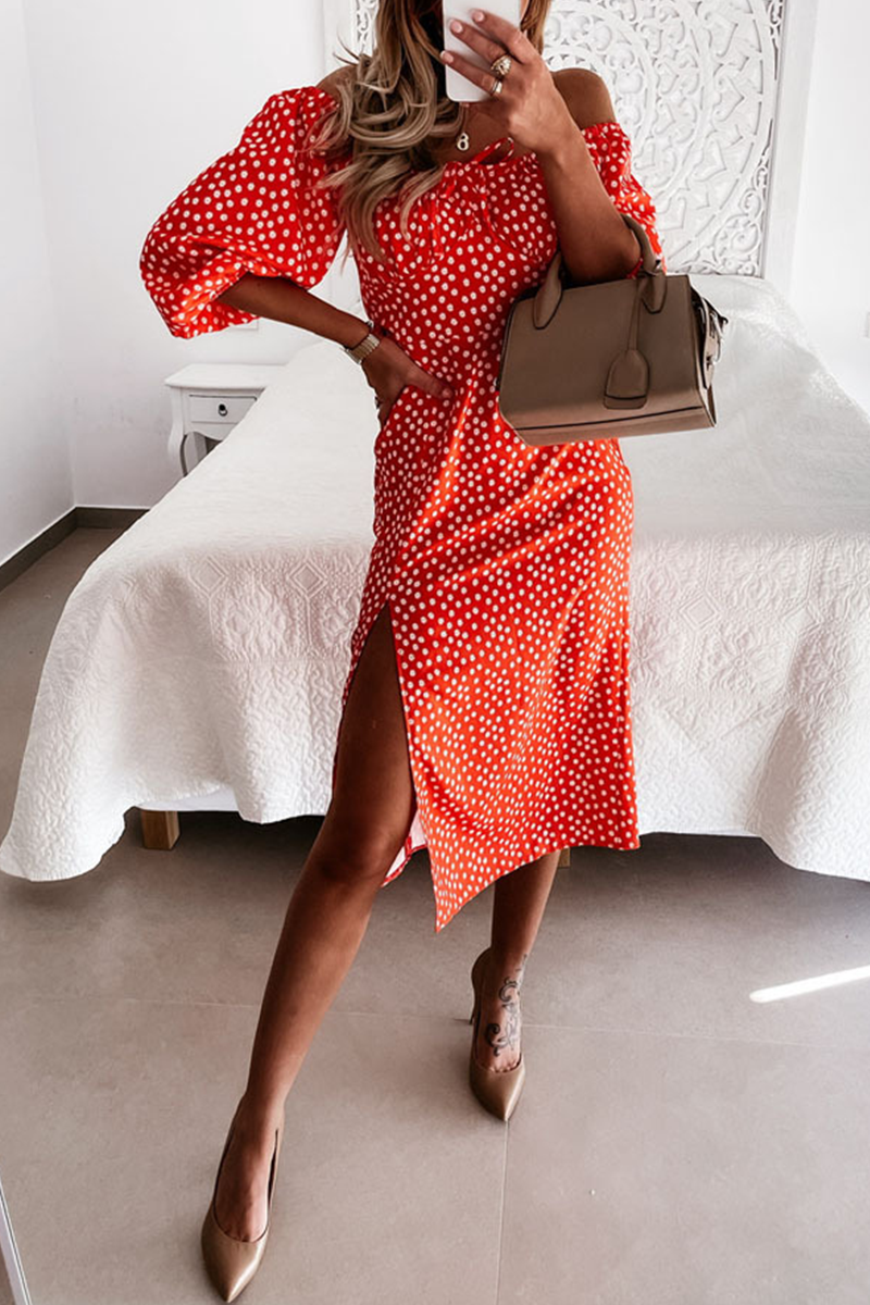Print Split Joint Off the Shoulder Waist Skirt Dresses