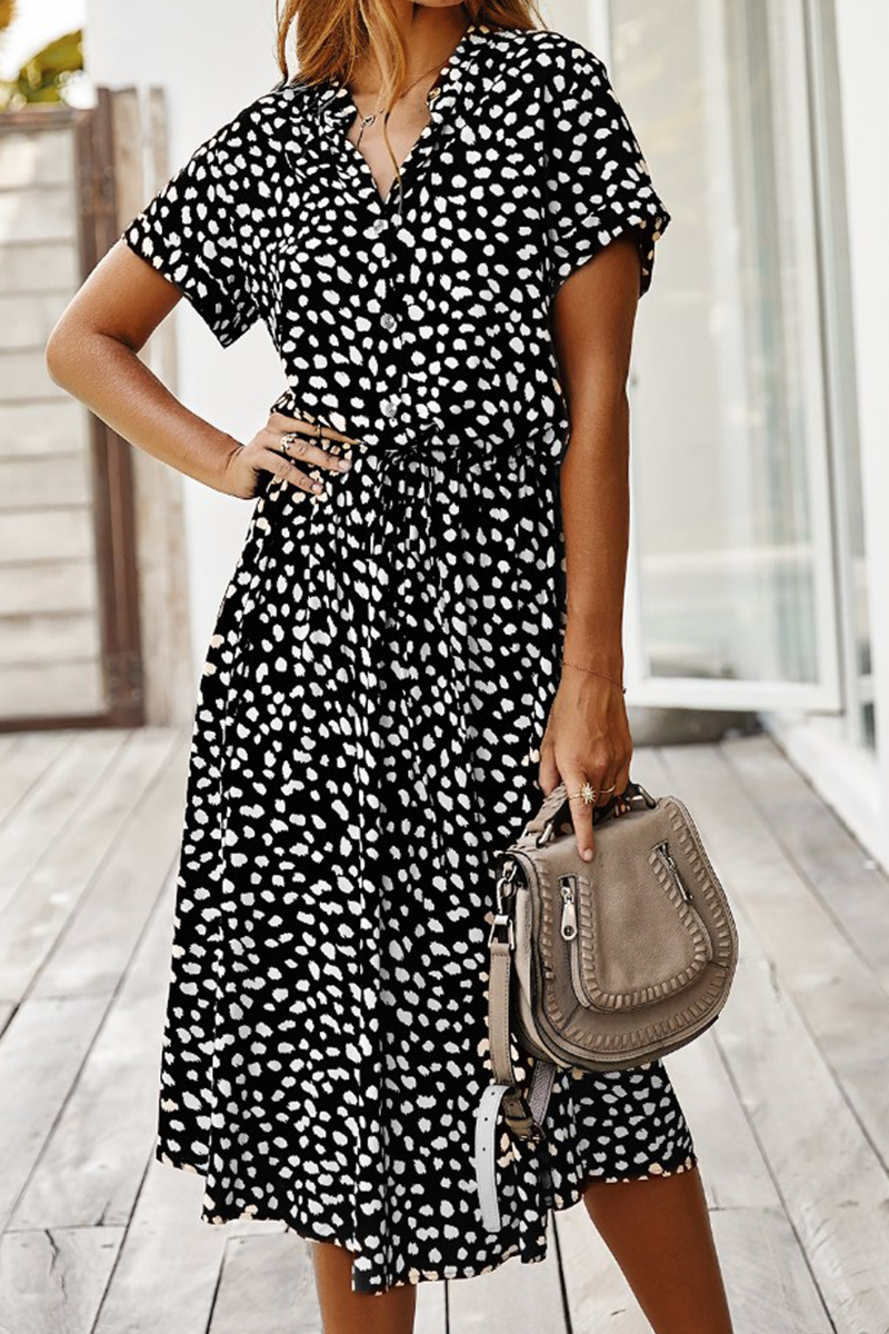Print Split Joint Turndown Collar Waist Skirt Dresses(8 Colors)
