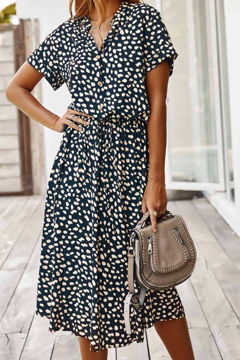 Print Split Joint Turndown Collar Waist Skirt Dresses(8 Colors)