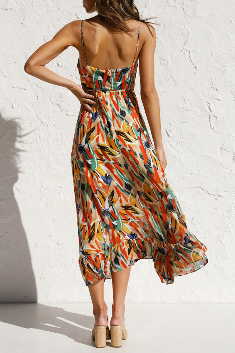 Print Patchwork Spaghetti Strap Cake Skirt Dresses