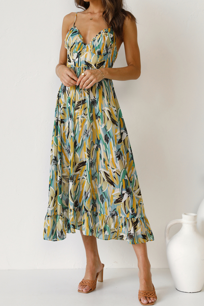 Print Patchwork Spaghetti Strap Cake Skirt Dresses