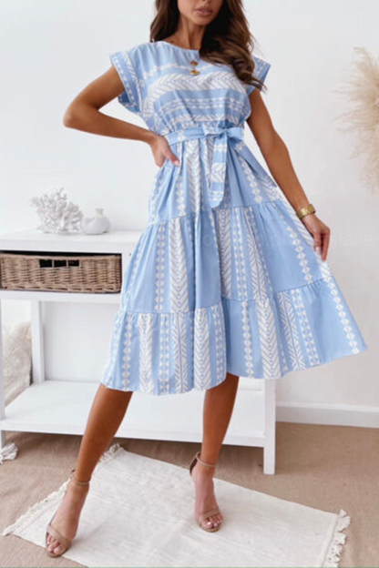 Print Split Joint O Neck Waist Skirt Dresses