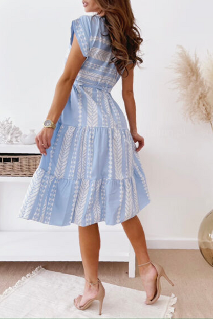 Print Split Joint O Neck Waist Skirt Dresses