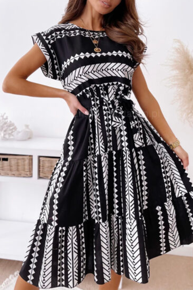 Print Split Joint O Neck Waist Skirt Dresses