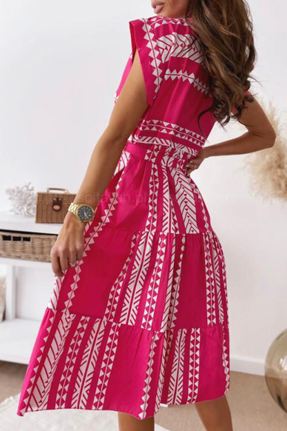 Print Split Joint O Neck Waist Skirt Dresses