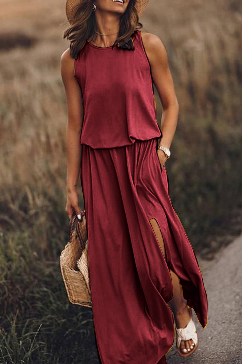 Patchwork Slit O Neck Waist Skirt Dresses(8 Colors)