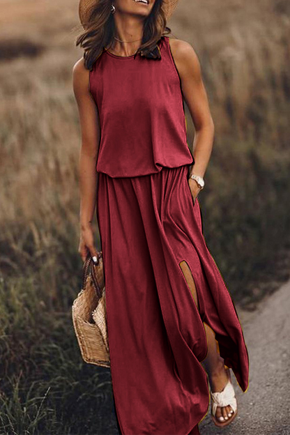 Patchwork Slit O Neck Waist Skirt Dresses(8 Colors)