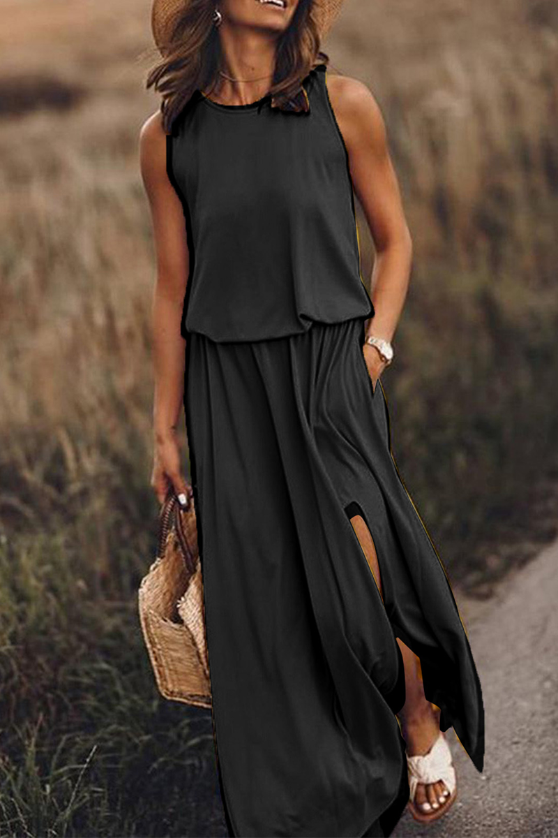 Patchwork Slit O Neck Waist Skirt Dresses(8 Colors)