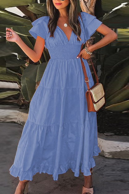 Flounce V Neck Waist Skirt Dresses(3 Colors)