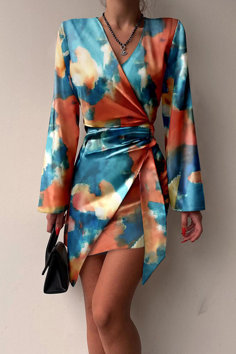 Patchwork Tie-dye V Neck Pencil Skirt Dresses(3 Colors)