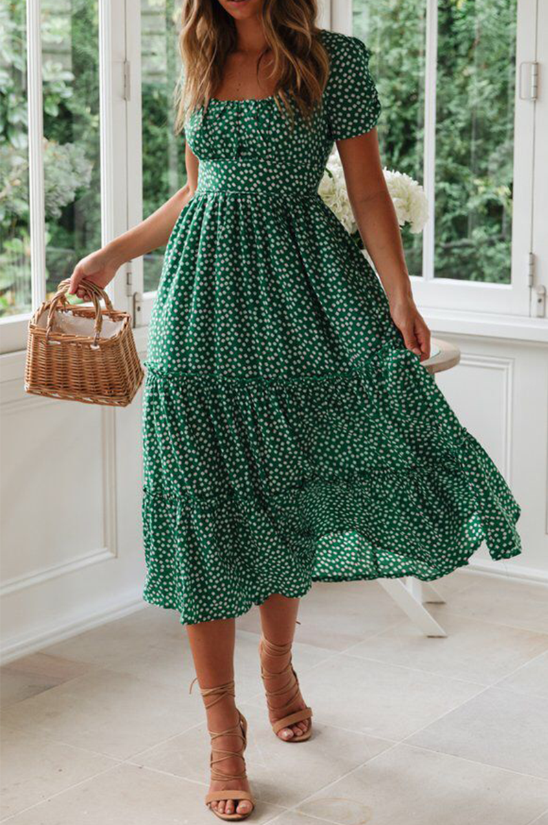 Dot Patchwork Square Collar Cake Skirt Dresses(8 Colors)