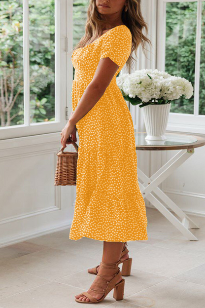 Dot Patchwork Square Collar Cake Skirt Dresses(8 Colors)