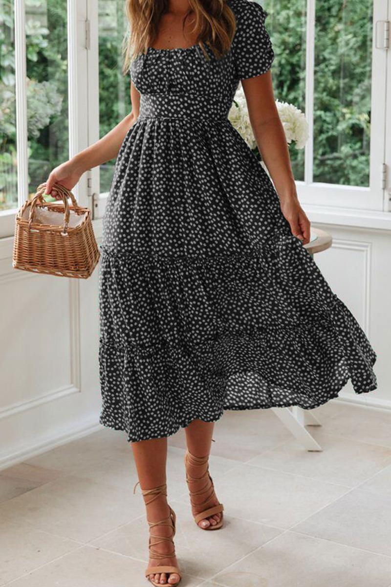 Dot Patchwork Square Collar Cake Skirt Dresses(8 Colors)