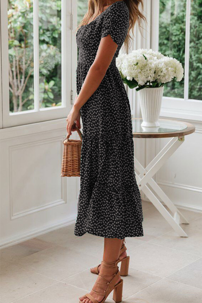 Dot Patchwork Square Collar Cake Skirt Dresses(8 Colors)