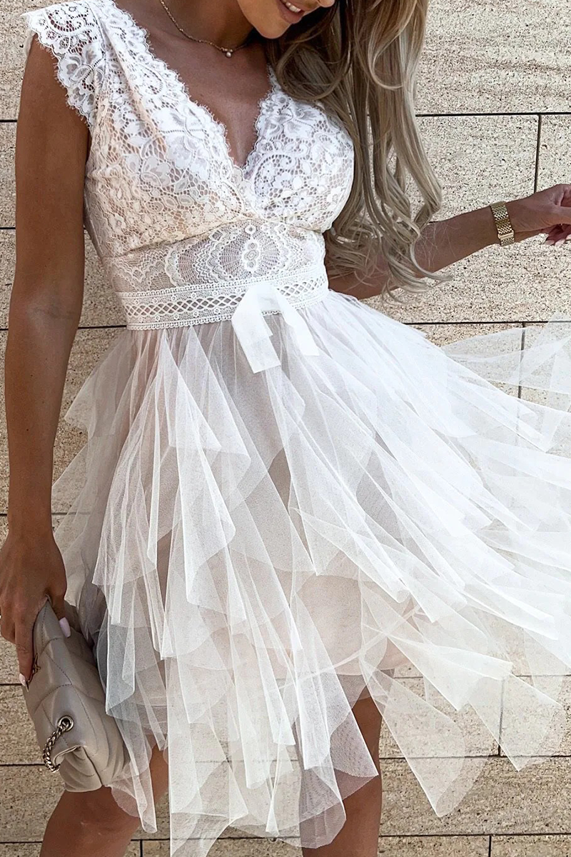 Mesh V Neck Cake Skirt Dresses(3 Colors)