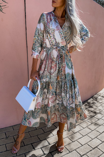 Print Neck Cake Skirt Dresses(3 Colors)