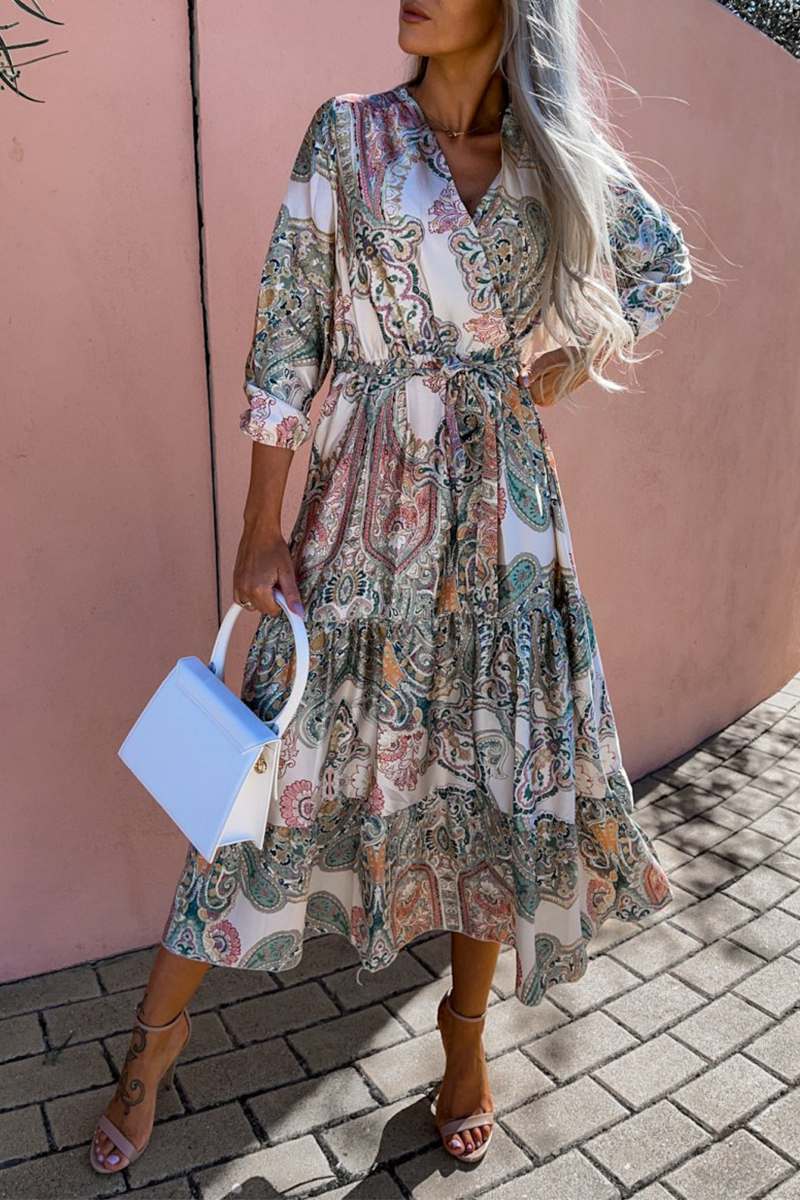 Print V Neck Cake Skirt Dresses(3 Colors)