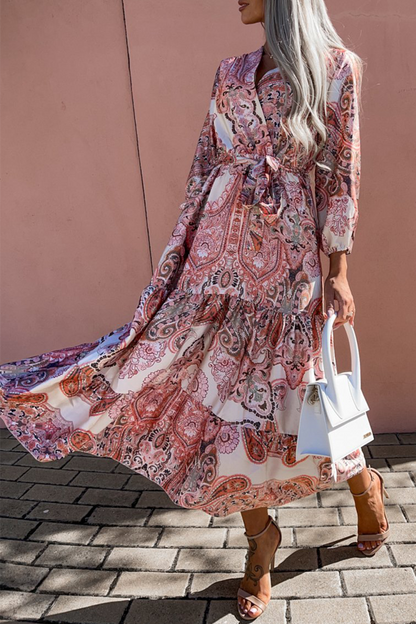 Print V Neck Cake Skirt Dresses(3 Colors)