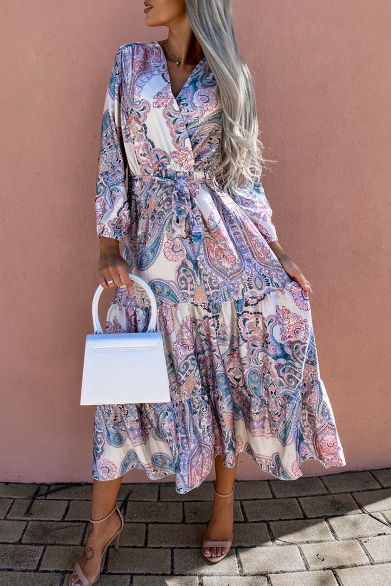 Print V Neck Cake Skirt Dresses(3 Colors)
