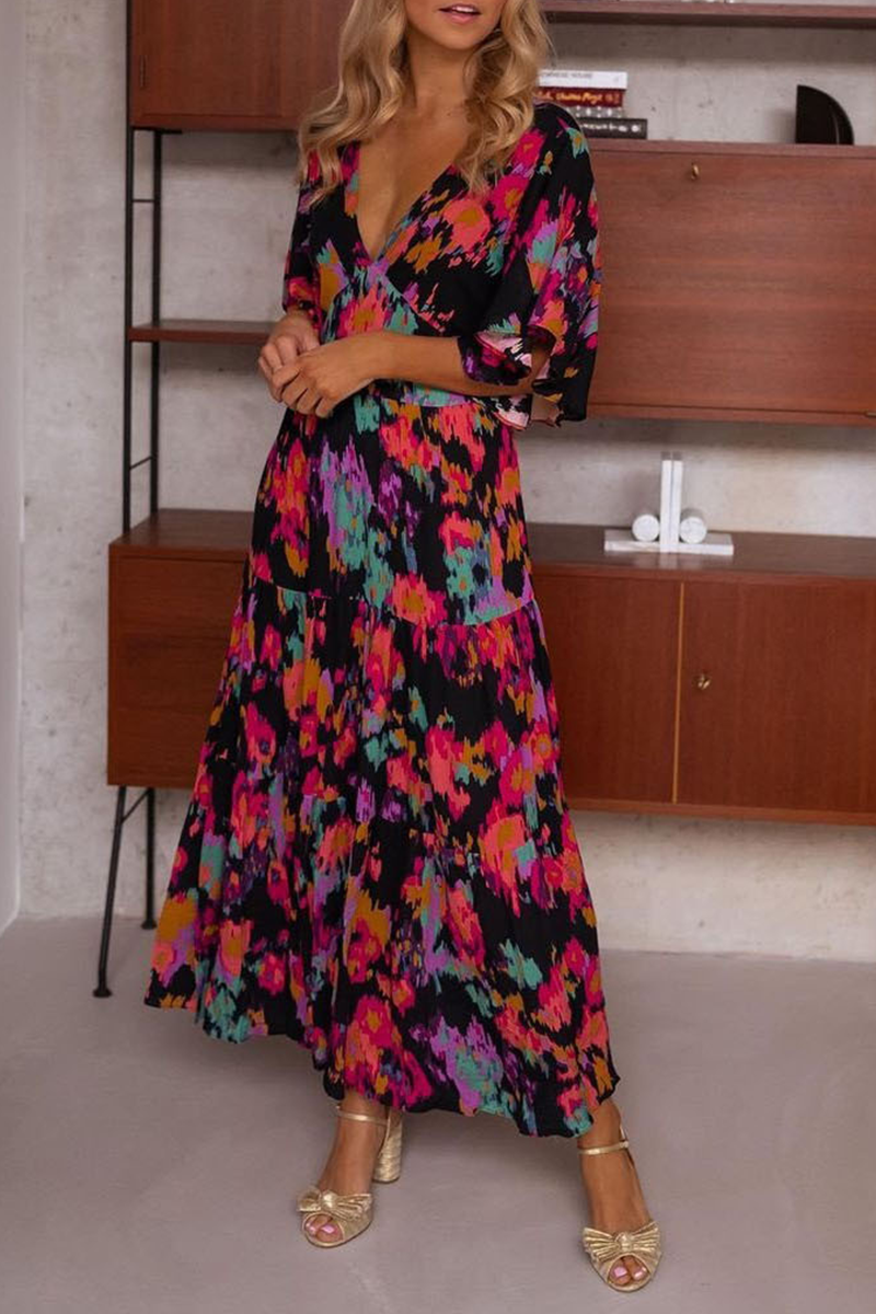 Print Flounce V Neck Cake Skirt Dresses