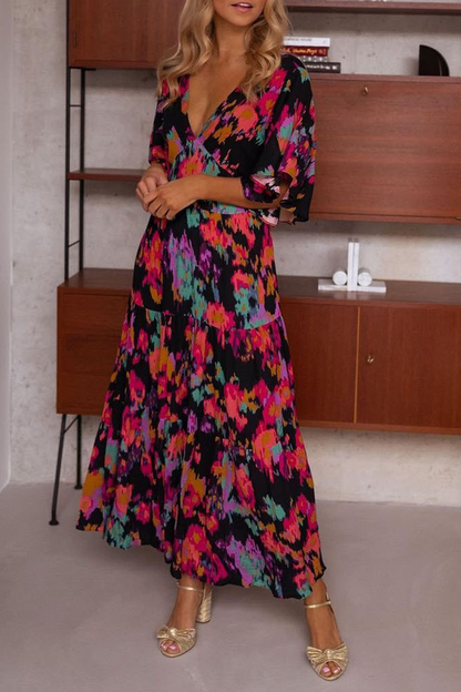 Print Flounce V Neck Cake Skirt Dresses