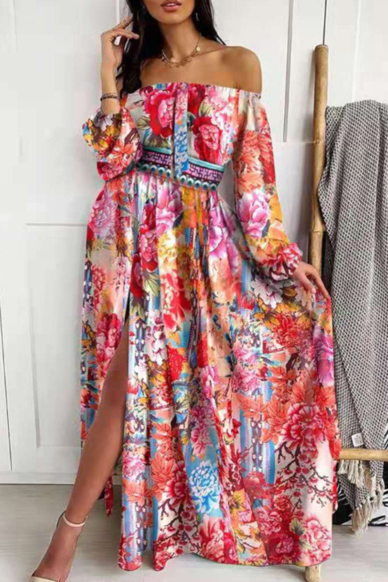 Print Off the Shoulder Waist Skirt Dresses(4 Colors)