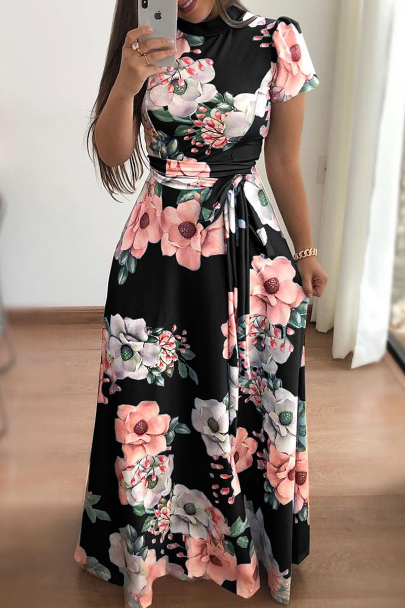 Print Half a Turtleneck Waist Skirt Dresses(3 Colors)