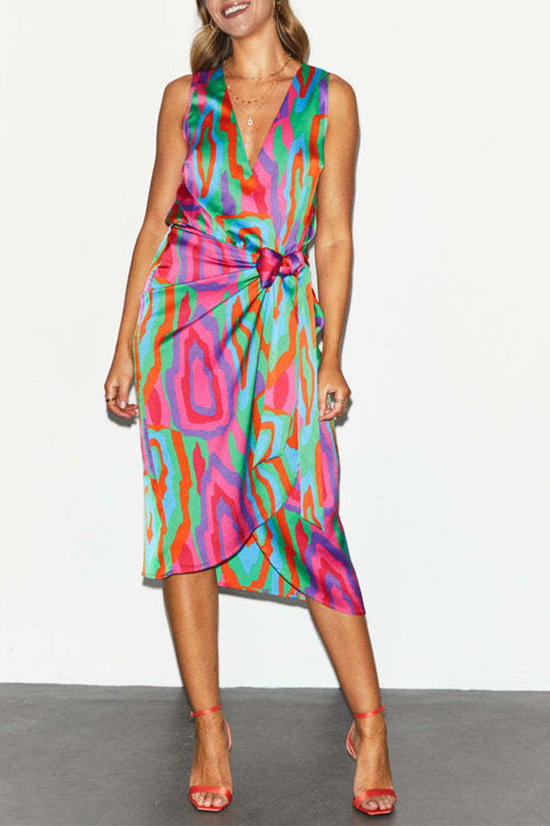 Print Split Joint V Neck Waist Skirt Dresses