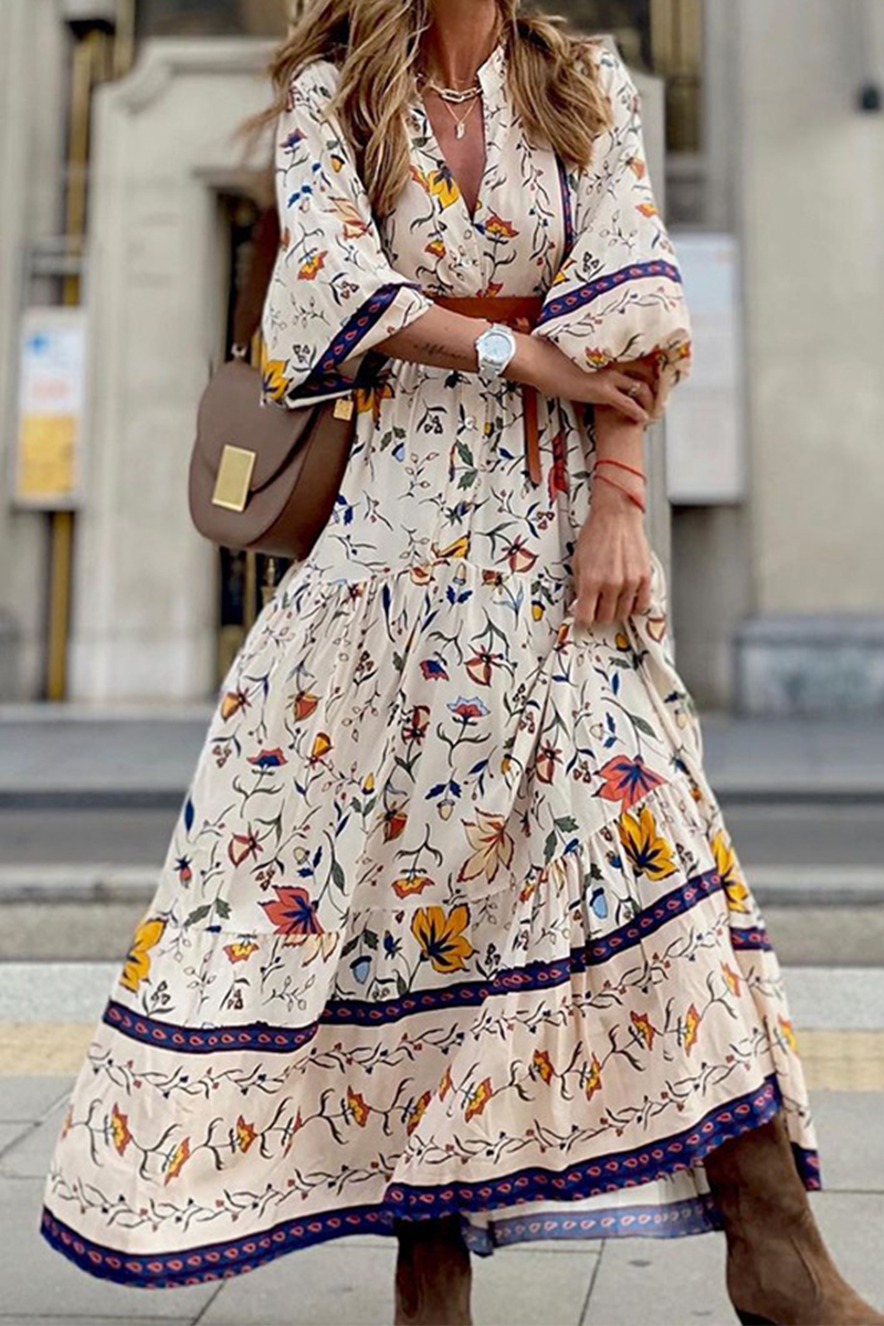 Print Patchwork V Neck Cake Skirt Dresses