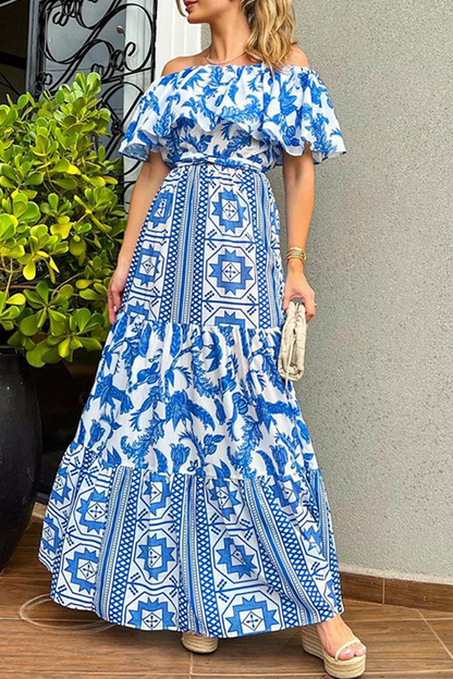 Printoff the Shoulder Cake Skirt Dresses