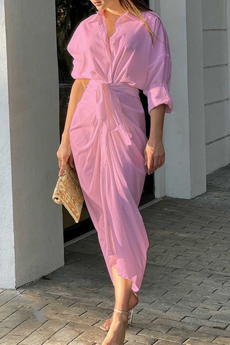 Turndown Collar Waist Skirt Dresses(3 Colors)