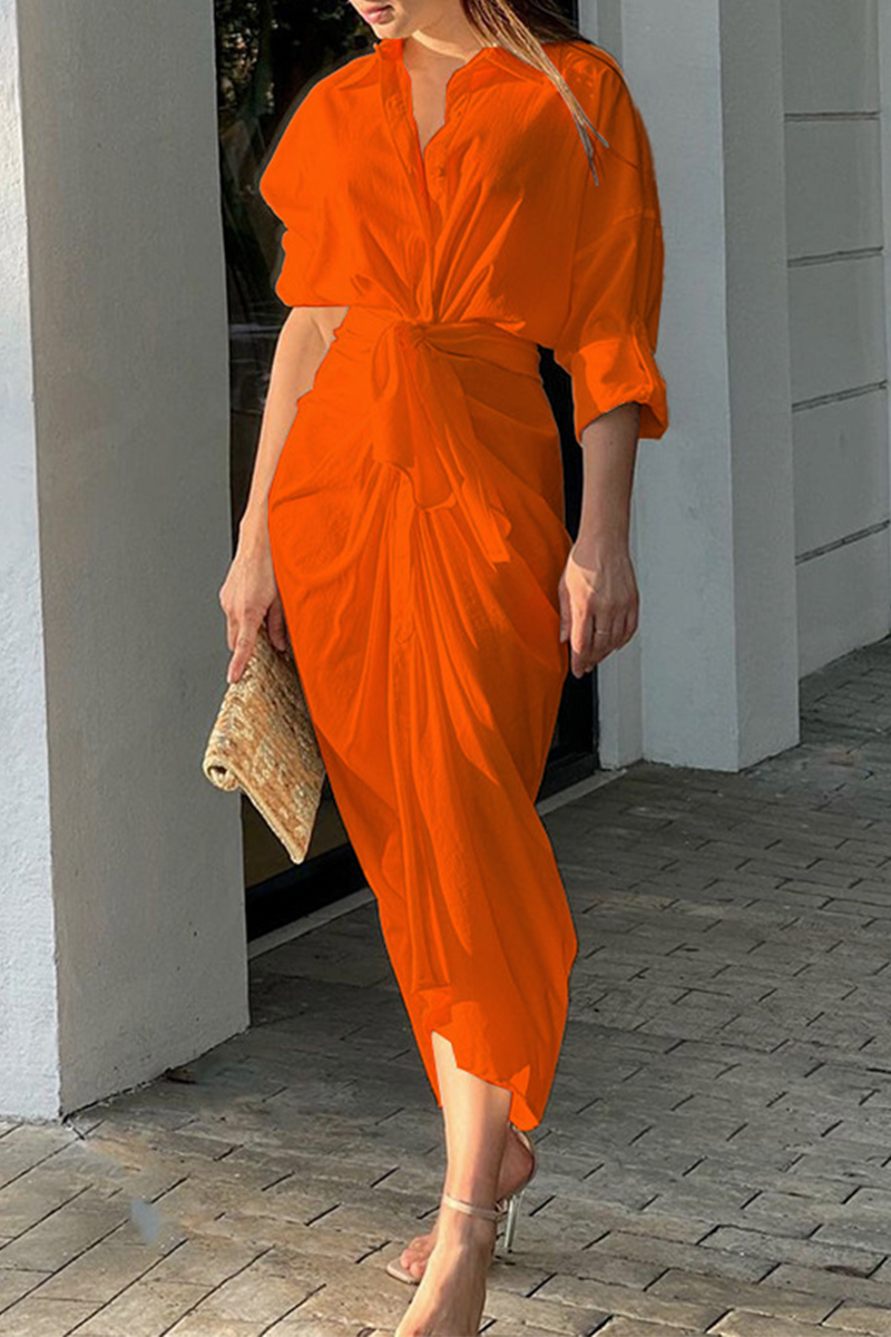 Turndown Collar Waist Skirt Dresses(3 Colors)