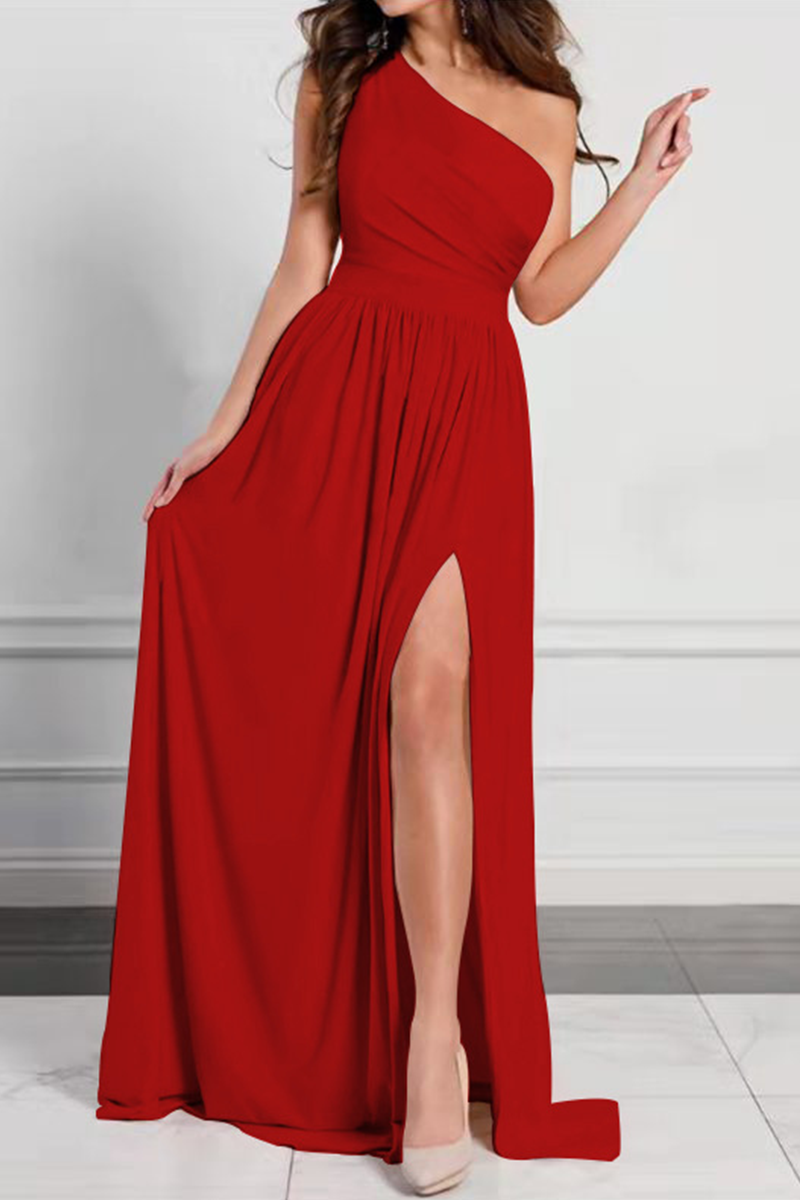 Slit One Shoulder Waist Skirt Dresses(5 Colors)