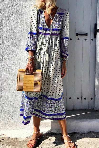Print V Neck Cake Skirt Dresses(3 Colors)
