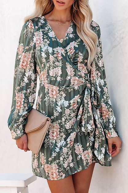 Print Split Joint V Neck Waist Skirt Dresses