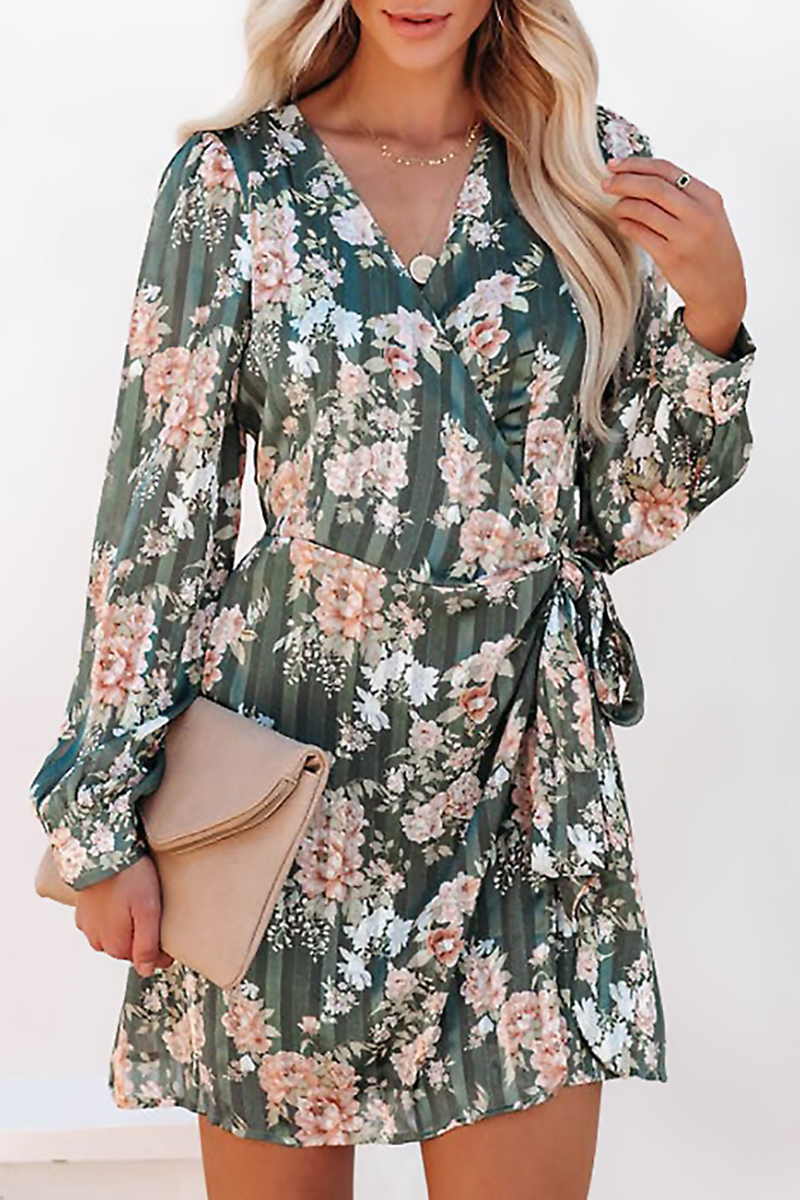 Print Split Joint V Neck Waist Skirt Dresses